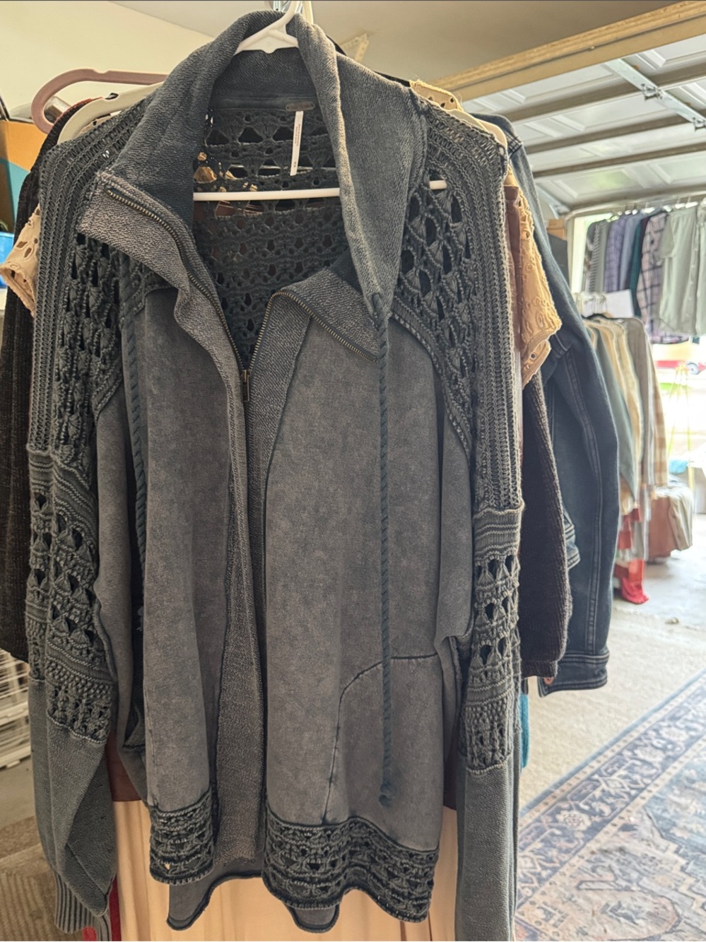 Free People Womens Blue/Grey Crochet-Detail Zip Up Sweater - NWOT- M